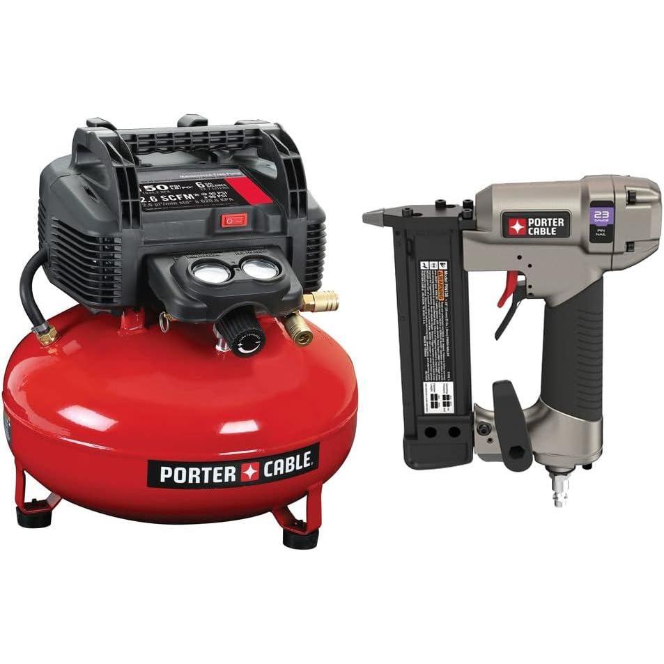 PORTER-CABLE Pin Nailer, 23-Gauge, 1-3/8-Inch (PIN138)(w/ Air Compressor)