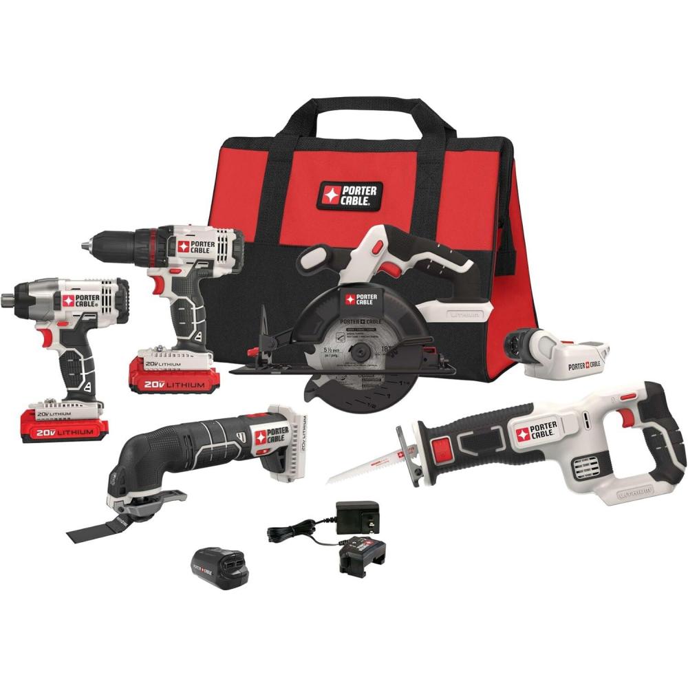 PORTER-CABLE 20V MAX* 6 Tools Combo Kit Cordless Drill Set, Impact Driver, Circular Saw, Reciprocating Saw, Oscillating Tool, Cutting Blade, Flashlight and USB Charger (PCCK617L6)(6-Tool Combo Kit Only)